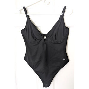 Womens Deep V Neck Thong Bodysuit Large Black Low Back Underwire Shapewear